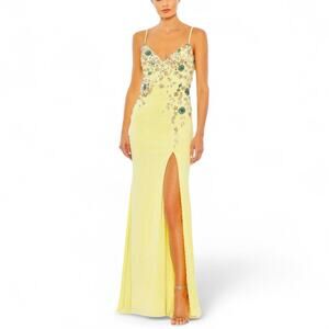 Mac Duggal Yellow Maxi Beaded Sequin Rhinestone Gown Scoop Back Dress Size 4